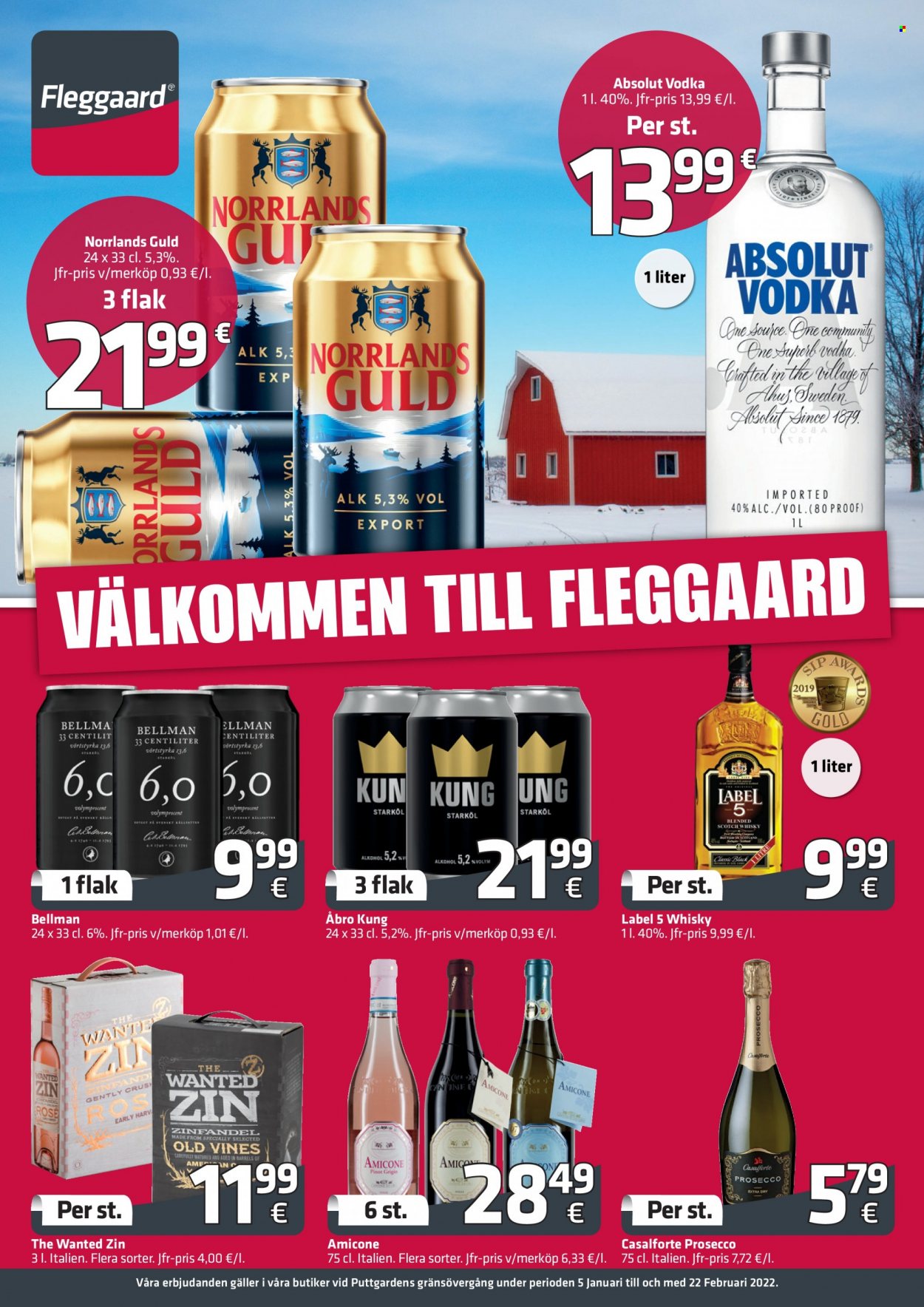 Fleggaard tilbud  - 05.01.2022 - 22.02.2022 - tilbudsprodukter - prosecco, vin, Zinfandel, Absolut, scotch whisky, vodka, whisky. Side 1.