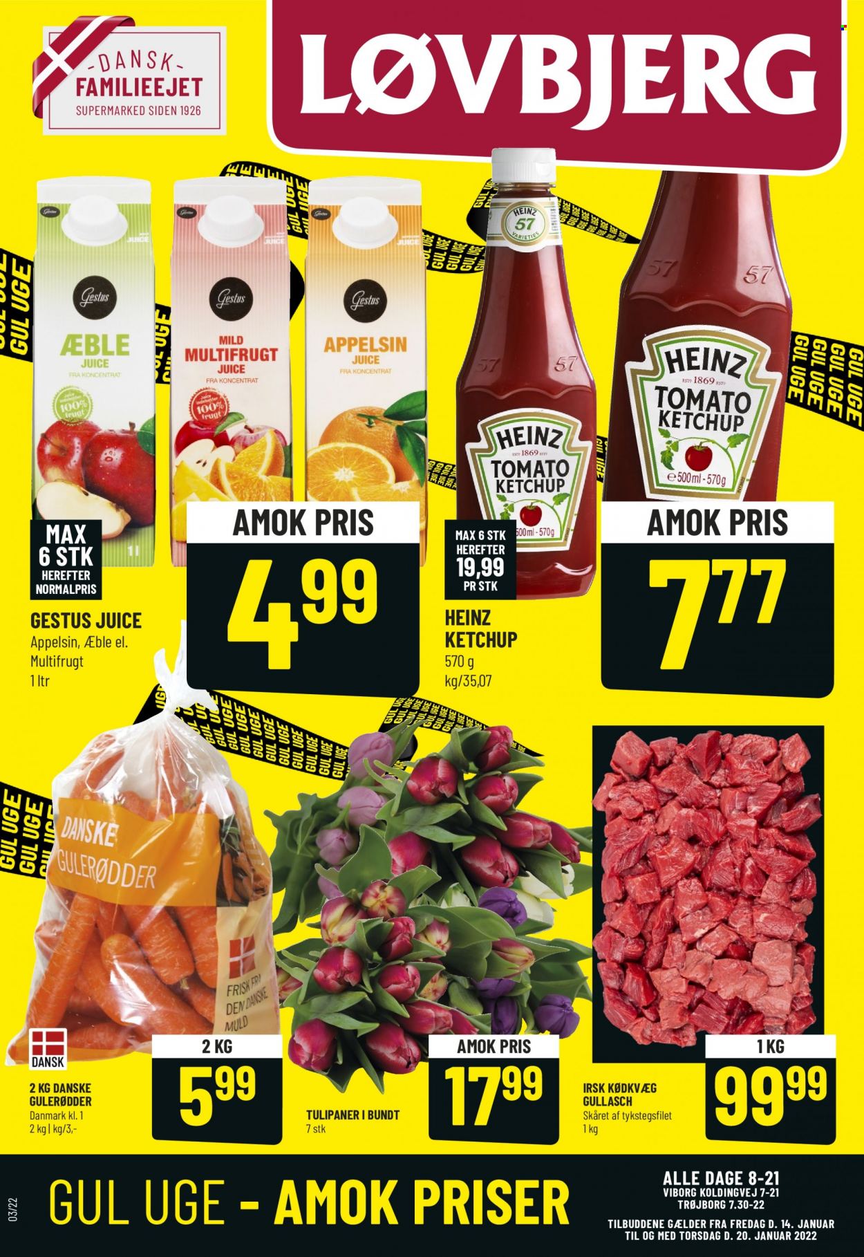 Løvbjerg tilbud  - 14.01.2022 - 20.01.2022 - tilbudsprodukter - gulerod, tykstegsfilet, oksekød, Heinz, ketchup, saft, tulipaner. Side 1.