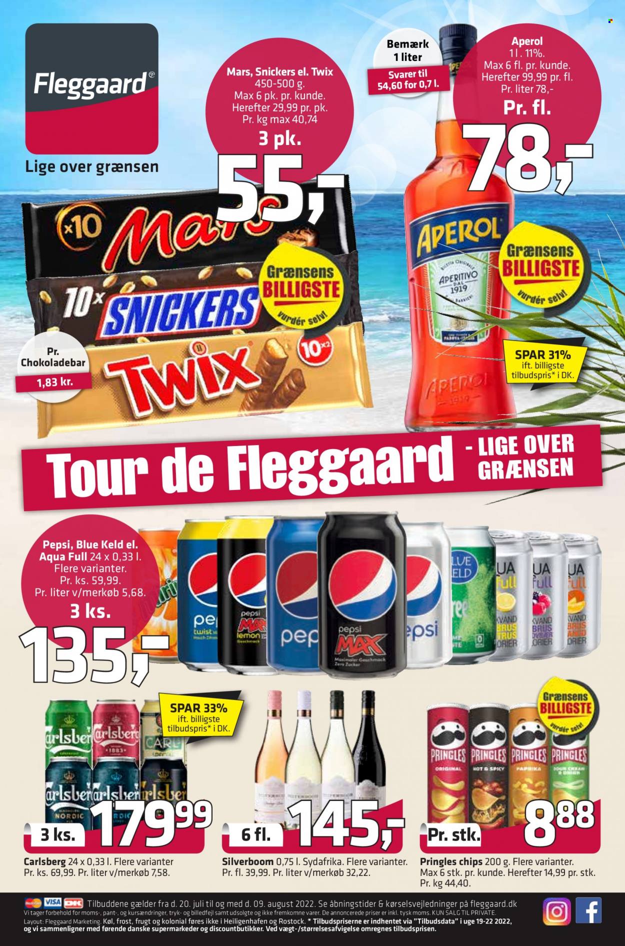 Fleggaard tilbud  - 20.07.2022 - 09.08.2022 - tilbudsprodukter - Carlsberg, øl, Blue Keld, Snickers, Twix, chokoladebar, Mars, chips, pringles, Pepsi, Aperol. Side 1.