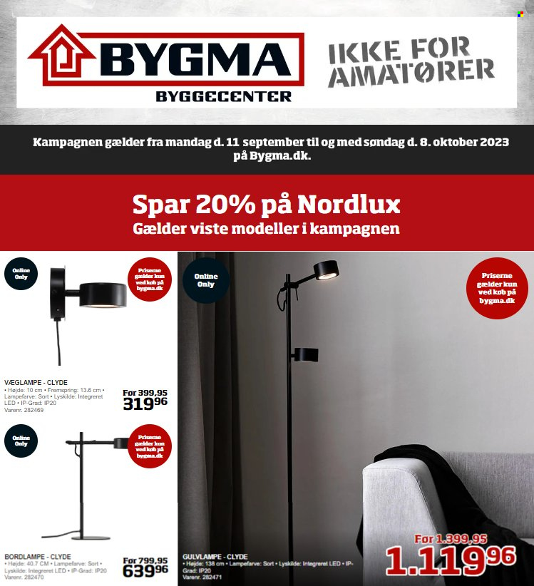 Bygma tilbud  - 11.9.2023 - 8.10.2023 - tilbudsprodukter - bordlampe, gulvlampe, Nordlux. Side 1.