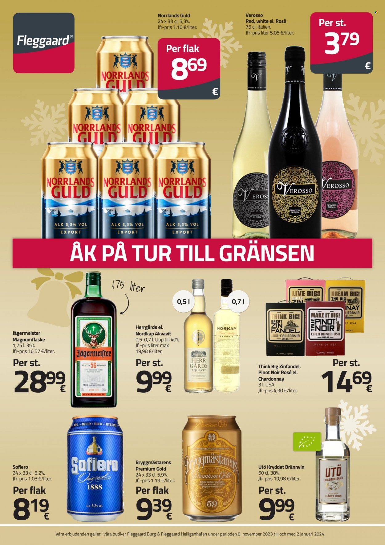 thumbnail - Fleggaard tilbud  - 8.11.2023 - 2.1.2024 - tilbudsprodukter - øl, akvavit, Jägermeister, Chardonnay, hvidvin, Pinot Noir, vin, Zinfandel. Side 1.