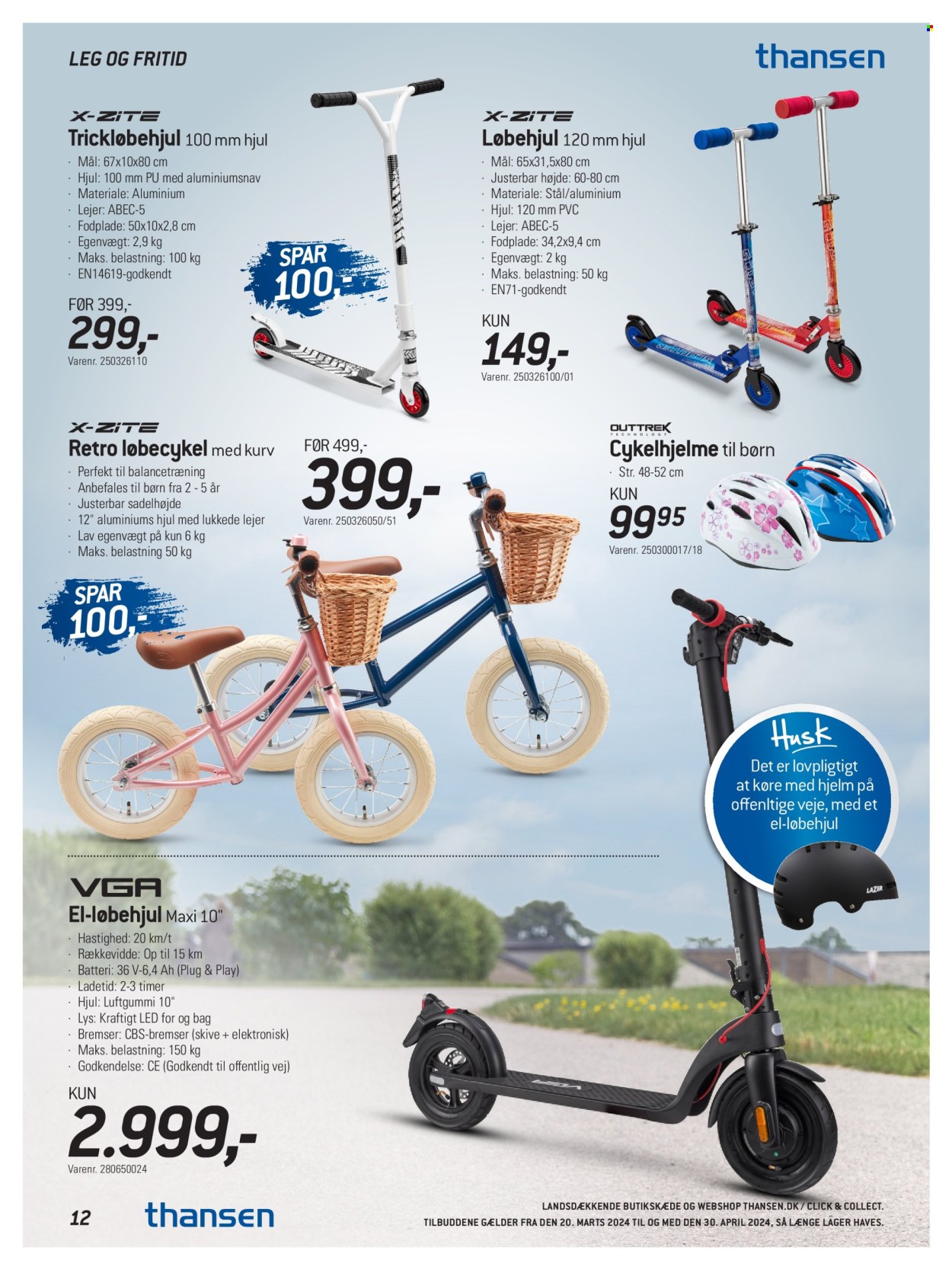 thumbnail - Thansen tilbud  - 20.3.2024 - 30.4.2024 - tilbudsprodukter - kurv, lys, hjelm, cykelhjelm, løbehjul, løbecykel. Side 12.
