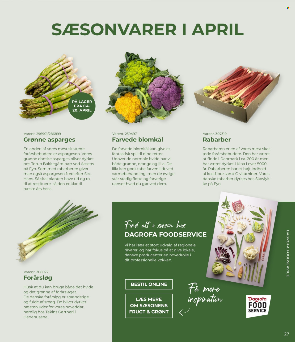 thumbnail - Dagrofa tilbud  - 1.4.2024 - 31.5.2024 - tilbudsprodukter - asparges, blomkål, forårsløg, grønne asparges, rabarber, skål. Side 27.