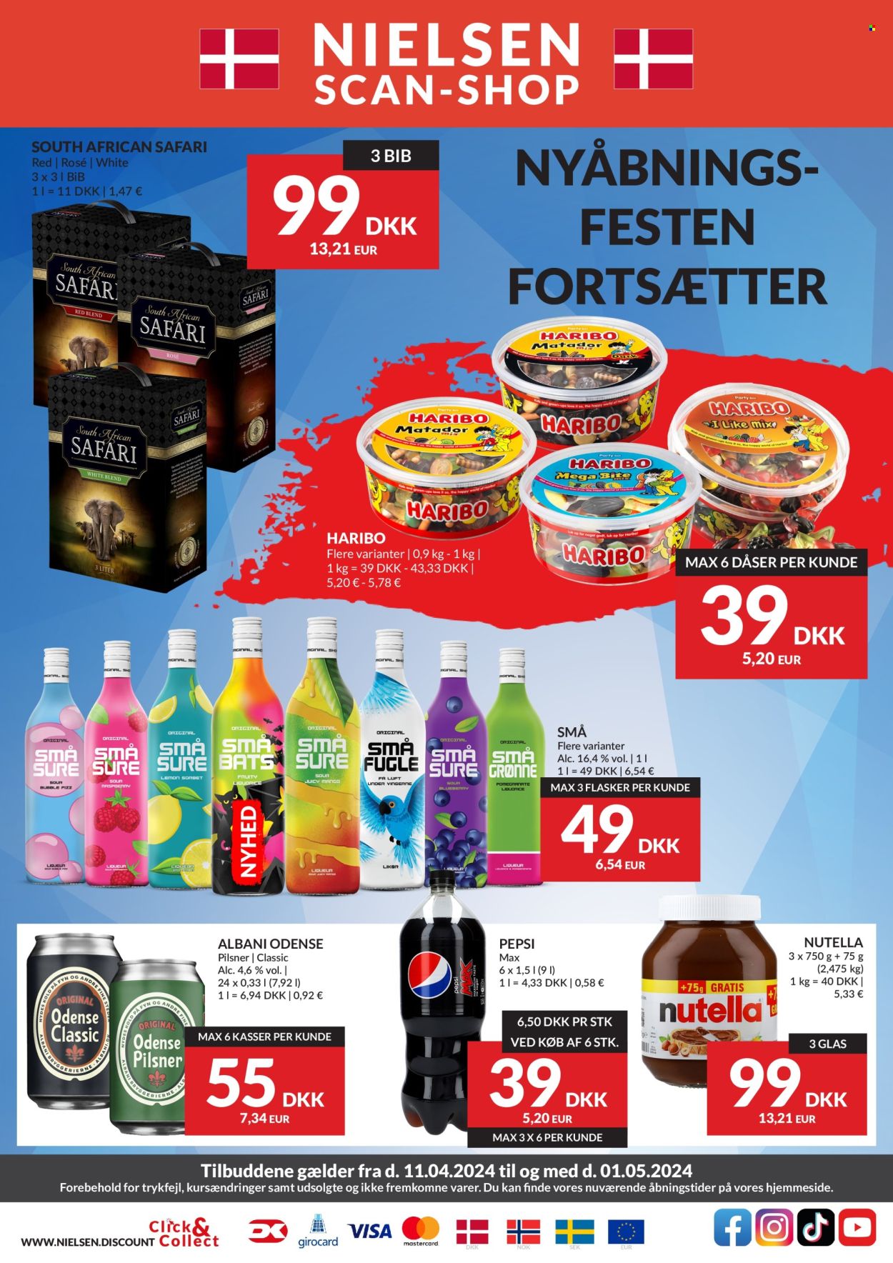 thumbnail - Nielsen Discount tilbud  - 11.4.2024 - 1.5.2024 - tilbudsprodukter - øl, Haribo, Nutella, Pepsi, sodavand, Pepsi Max, vin. Side 1.