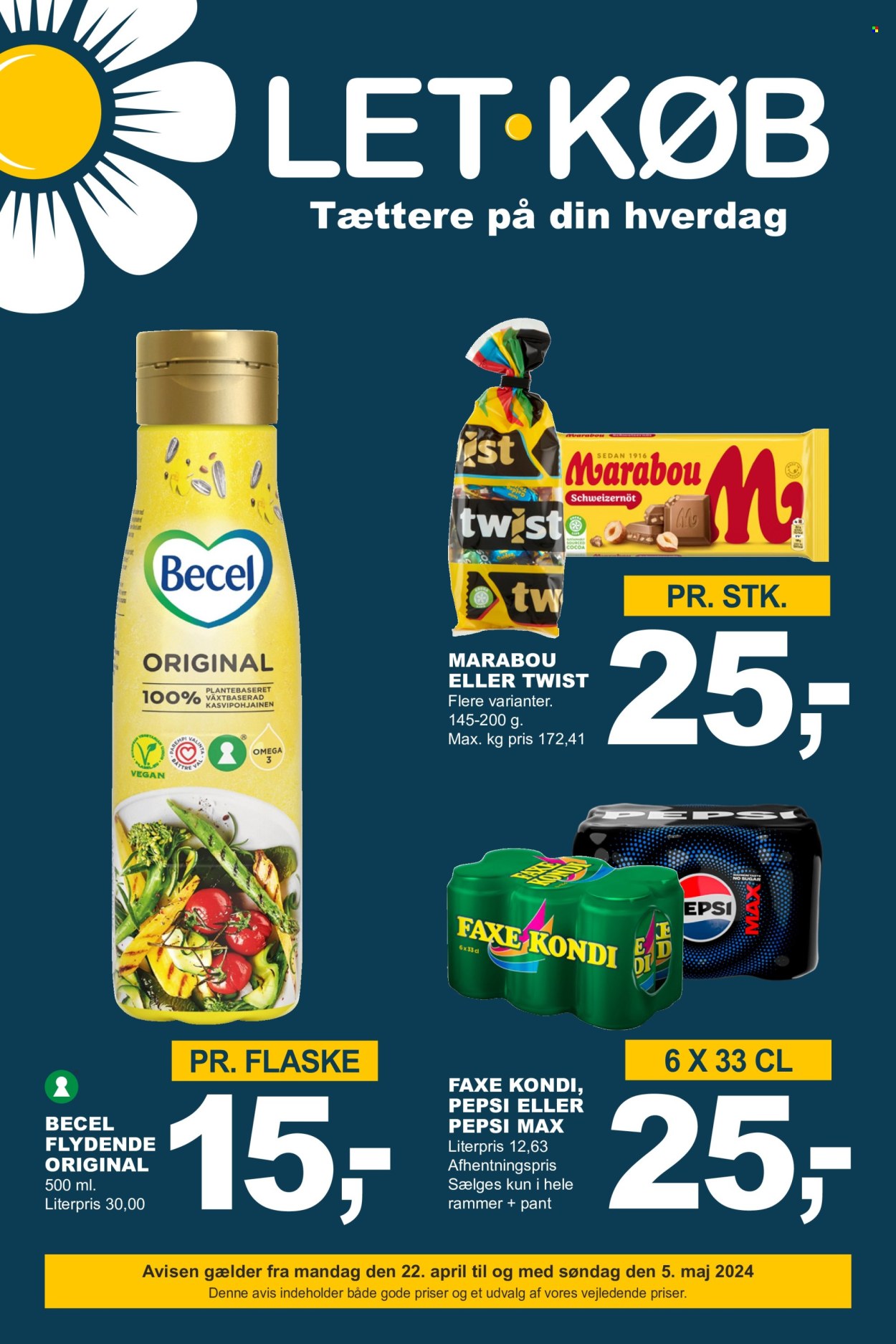 thumbnail - Let-Køb tilbud  - 22.4.2024 - 5.5.2024 - tilbudsprodukter - Becel, flydende margarine, Marabou, Twist, Pepsi, sodavand, Pepsi Max, Faxe Kondi. Side 1.