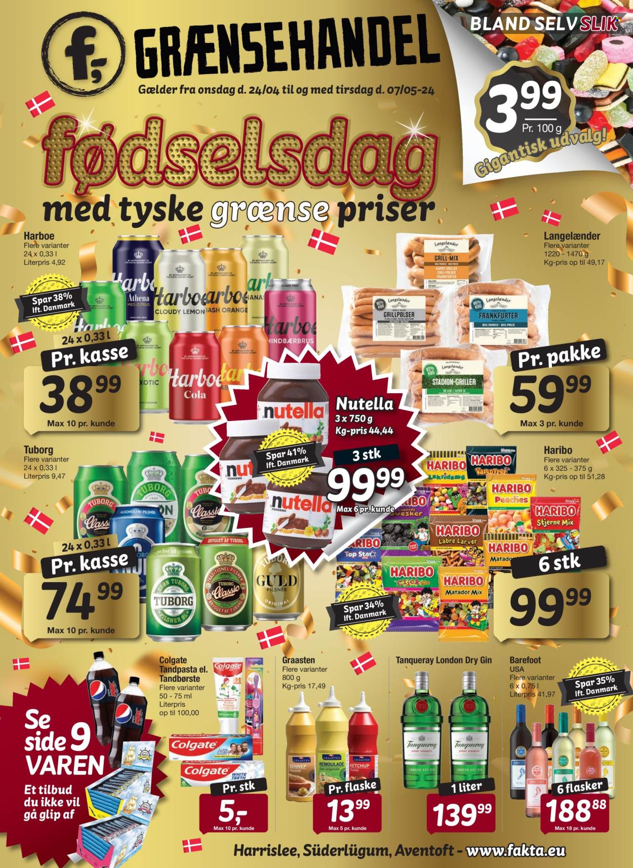 thumbnail - fakta Tyskland tilbud  - 24.4.2024 - 7.5.2024 - tilbudsprodukter - Tuborg, øl, Haribo, Nutella, vin, gin, London Dry, Colgate, tandbørste. Side 1.