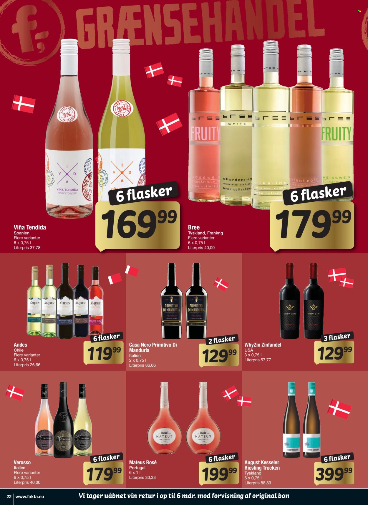 thumbnail - fakta Tyskland tilbud  - 24.4.2024 - 7.5.2024 - tilbudsprodukter - hvidvin, Chardonnay, Merlot, Pinot Noir, Riesling, vin, Zinfandel, Moscato, Primitivo di Manduria. Side 23.