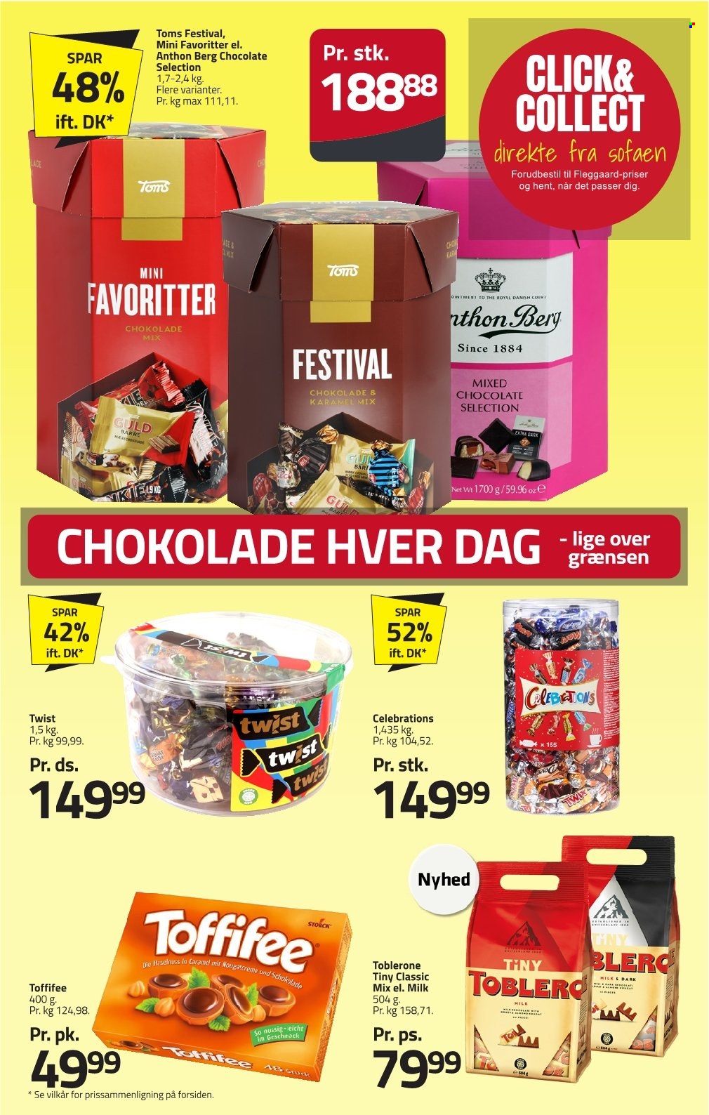 thumbnail - Fleggaard tilbud  - 24.4.2024 - 14.5.2024 - tilbudsprodukter - Toblerone, Anthon Berg, guldbarre, chokolade, karamel, Toffifee, Toms, Twist. Side 15.