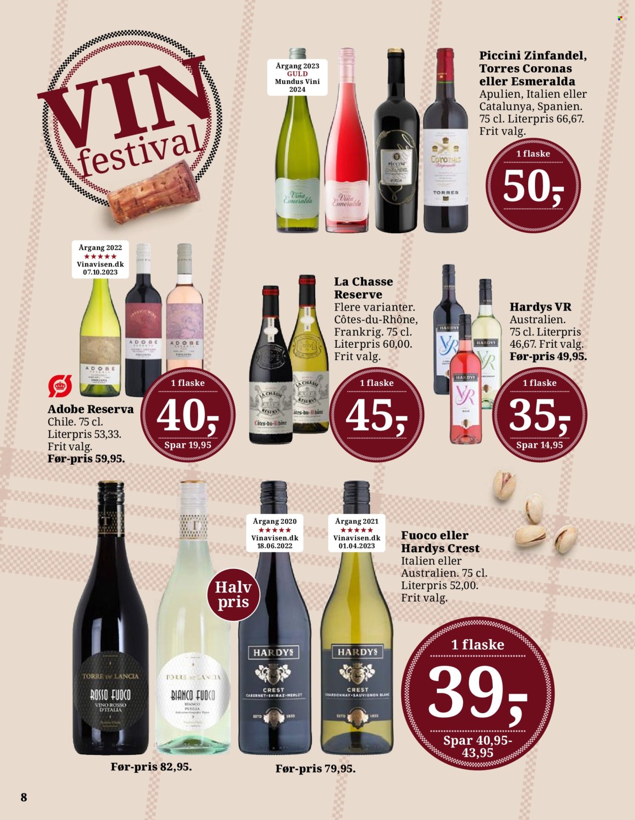 thumbnail - Dagli'Brugsen tilbud  - 26.4.2024 - 9.5.2024 - tilbudsprodukter - Côtes du Rhône, Crest, hvidvin, Chardonnay, Merlot, rødvin, vin, Zinfandel, Shiraz. Side 8.