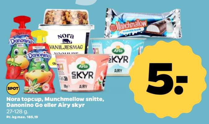 Nora topcup, Munchmellow snitte, Danonino Go eller Airy skyr