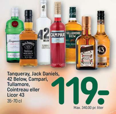 Tanqueray, Jack Daniels, 42 Below, Campari, Tullamore, Cointreau eller Licor 43
