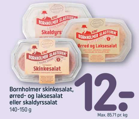 Bornholmer skinkesalat, ørred- og laksesalat eller skaldyrssalat