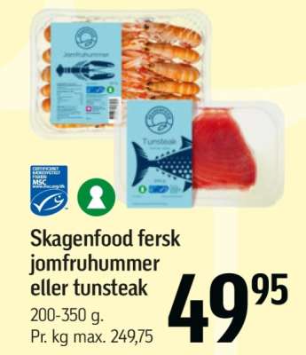 Skagenfood fersk jomfruhummer eller tunsteak