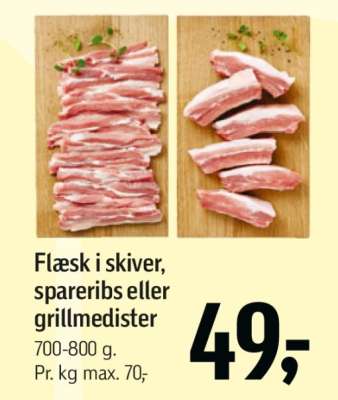 Flæsk i skiver, spareribs eller grillmedister