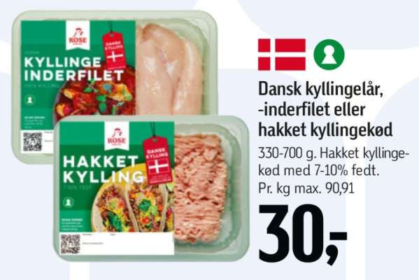 Dansk kyllingelår, -inderfilet eller hakket kyllingekød