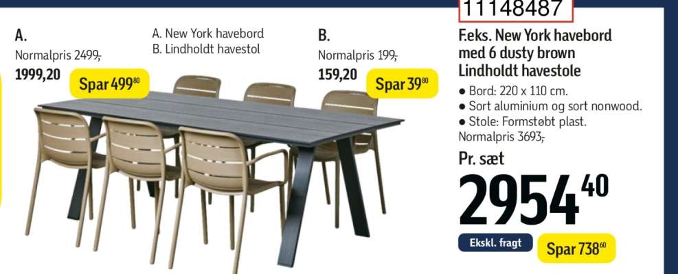 Feks. New York havebord med 6 dusty brown Lindholtdt havestole