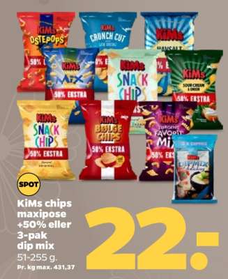KiMs chips maxipose +50% eller 3-pak dip mix