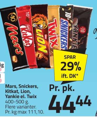 Mars, Snickers, Kitkat, Lion, Yankie el. Twix