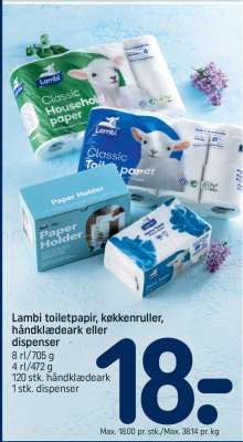 Lambi toiletpapir, køkkenruller, håndklædeark eller dispenser