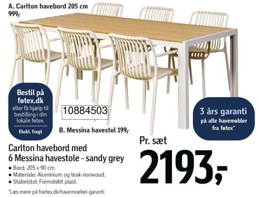 Carlton havebord med 6 Messina havestole - sandy grey