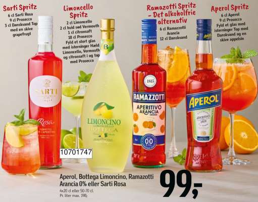 Aperol, Bottega Limoncino, Ramazotti Arancia 0% eller Sarti Rosa
