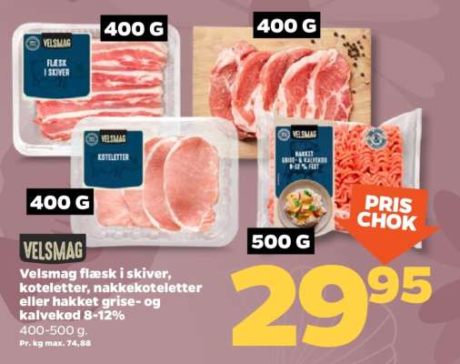 Velsmag flæsk i skiver, koteletter, nakkekoteletter eller hakket grise- og kalvekød