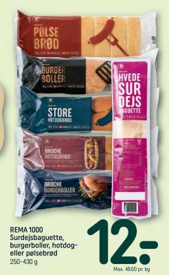 REMA 1000 Surdejsbaguette, burgerboller, hotdog- eller pølsebrød