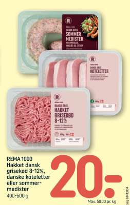 REMA 1000 Hakket dansk grisekød 8-12%, danske koteletter eller sommermedister