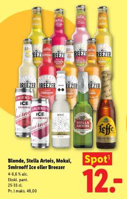 Blonde, Stella Artois, Mokaï, Smirnoff Ice eller Breezer