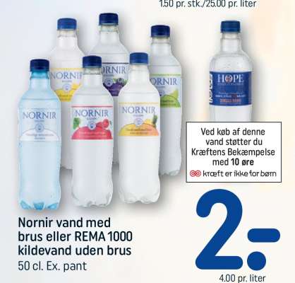 Nornir vand med brus eller REMA 1000 kildevand uden brus