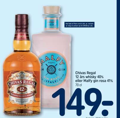 Chivas Regal 12 års whisky 40% eller Malfy gin rosa 41%