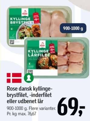 Rose dansk kyllinge- brystfilet, -inderfilet eller udbener lår