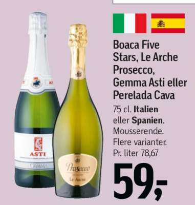 Boaca Five Stars, Le Arche Prosecco, Gemma Asti eller Perelada Cava