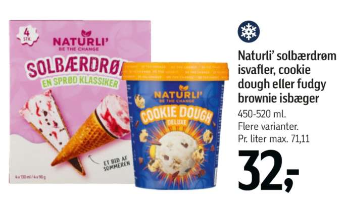 Naturli’ solbærdrøm isvafler, cookie dough eller fudgy brownie isbæger