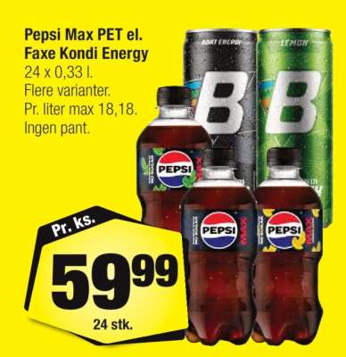 Pepsi Max PET el. Faxe Kondi Energy