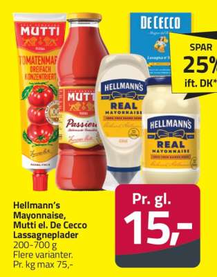 Hellmann’s Mayonnaise, Mutti el. De Cecco Lassagneplader