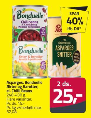 Asparges, Bonduelle Ærter og Karotter, el. Chilli Beans