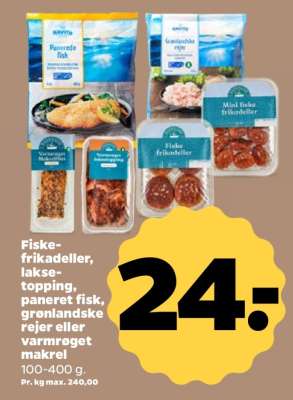 Fiskefrikadeller, laksetopping, paneret fisk, grønlandske rejer eller varmrøget makrel