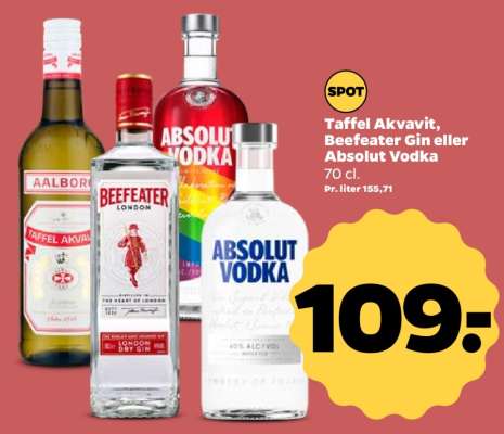Taffel Akvavit, Beefeater Gin eller Absolut Vodka