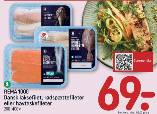 Dansk laksefilet, rødspættefileter eller havtaskefileter