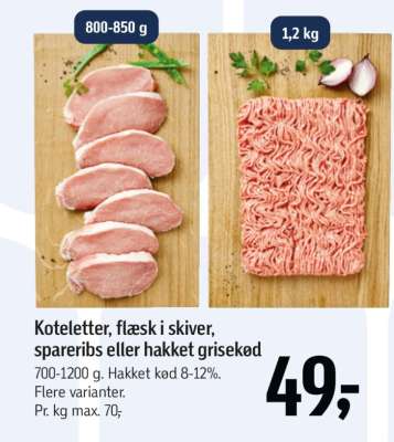 Koteletter, flæsk i skiver, spareribs eller hakket grisekød