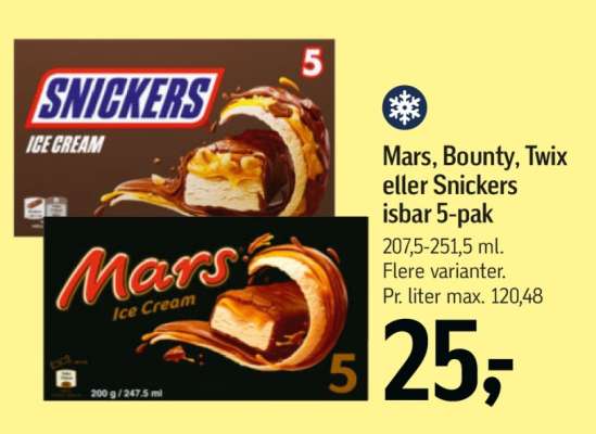 Mars, Bounty, Twix eller Snickers isbar 5-pak