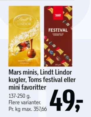 Mars minis, Lindt Lindor kugler, Toms festival eller mini favoritter