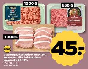 Velsmag hakket grisekød 8-12%, koteletter eller hakket okse- og grisekød 8-12%