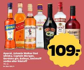 Aperol, Johnnie Walker Red whisky, Captain Morgan, Gordons gin, Baileys, Smirnoff vodka, Råstoff