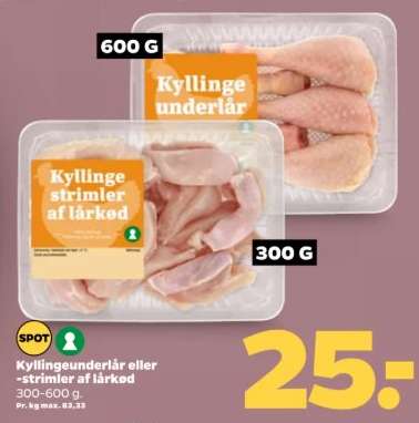 Kyllingeunderlår eller -strimler af lårkød