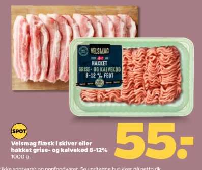 Velsmag flæsk i skiver eller hakket grise- og kalvekød 8-12%