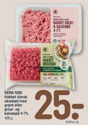 REMA 1000 Hakket dansk oksekød med grønt eller grise- og kalvekød 4-7%