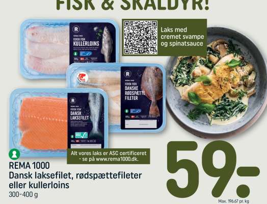 REMA 1000 Dansk laksefilet, rødspættefileter eller kullerloins