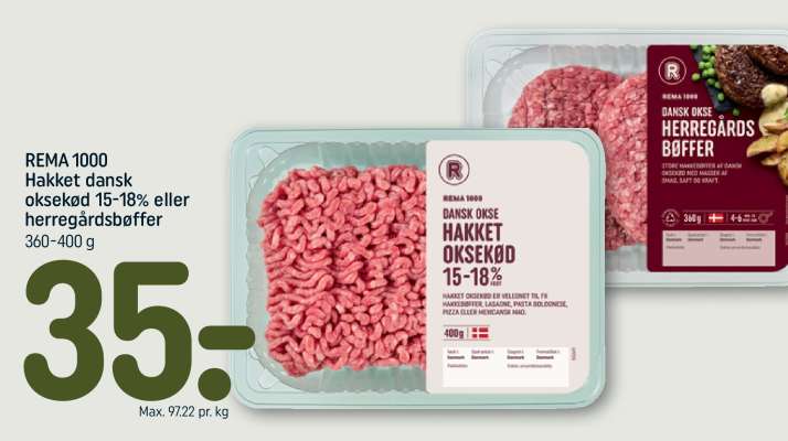 REMA 1000 Hakket dansk oksekød 15-18% eller herregårdsbøffer